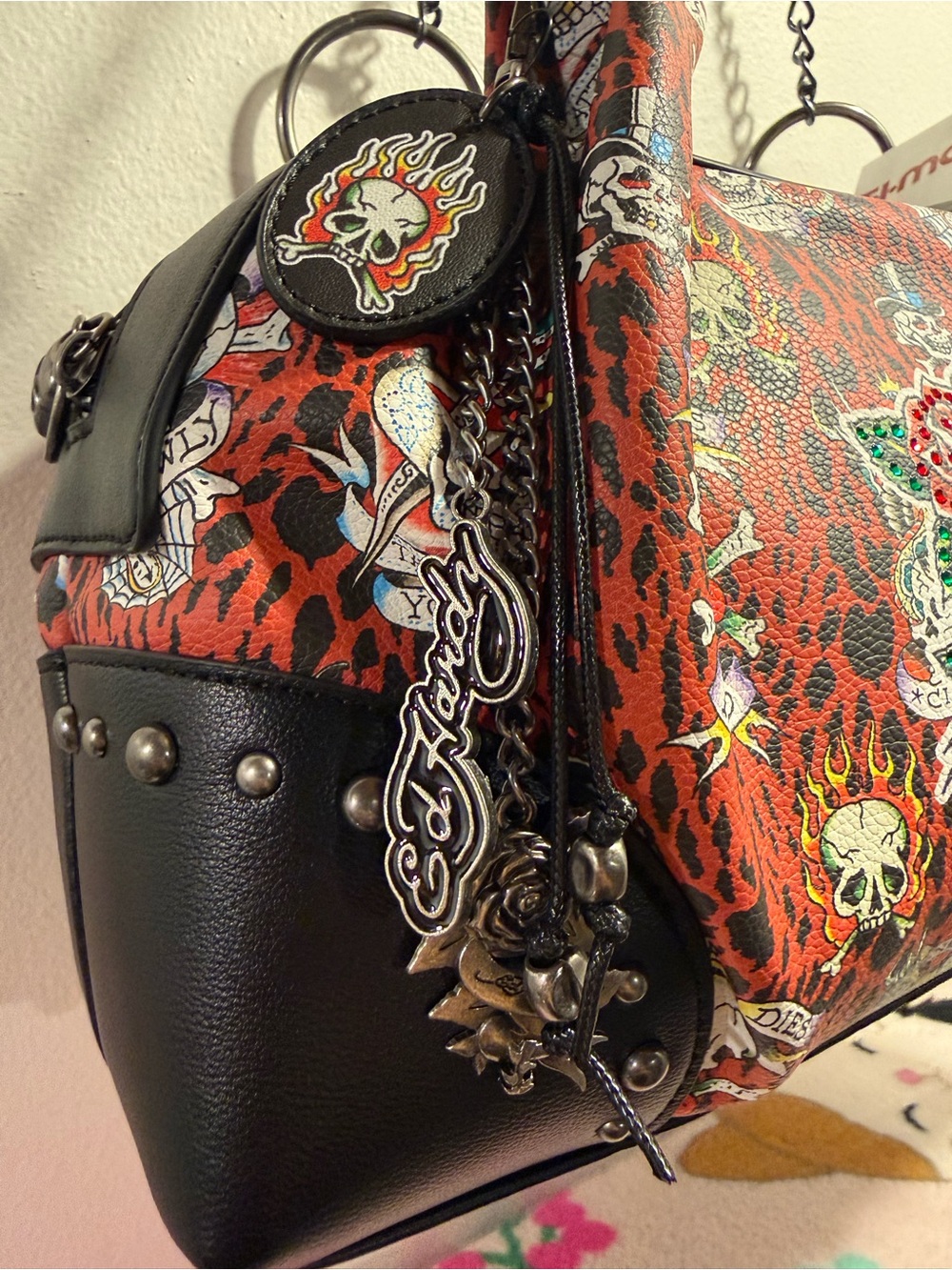 Ed Hardy Tote Skull cheetah print with 5 gothic charms BNWT - Picture 3 of 8